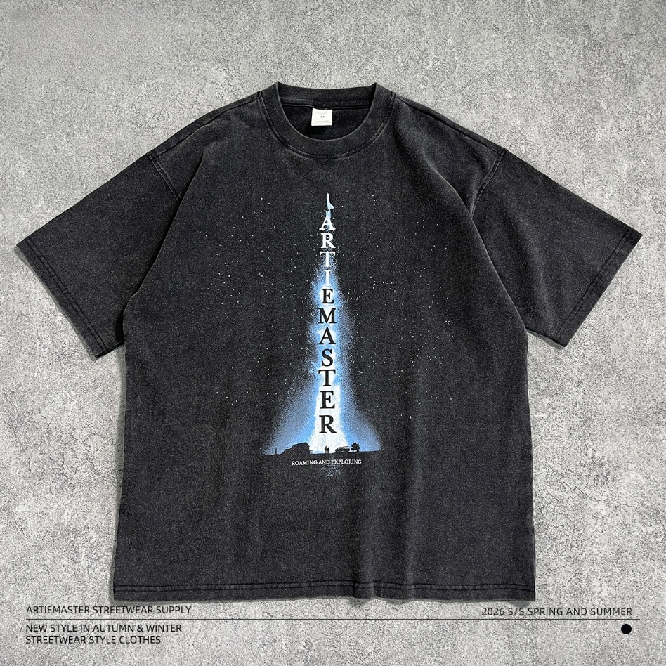 GorgeousBen Men’s Retro Starry Print T-Shirt 250g Cotton Washed Oversized Drop Shoulder Tee Streetwear S-XXL