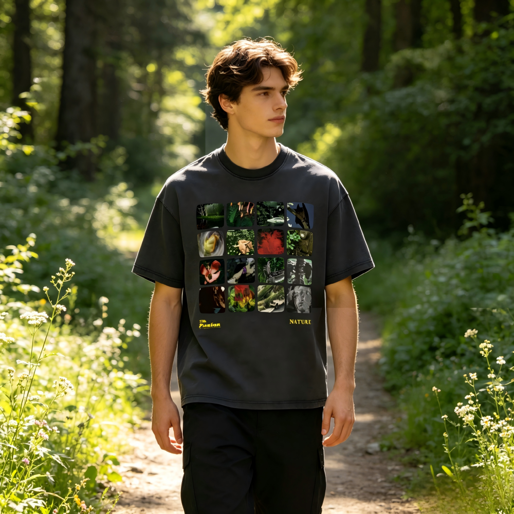 GorgeousBen Men’s Nature Collage Print T-Shirt 250g Cotton Washed Oversized Drop Shoulder Tee Streetwear S-XXL