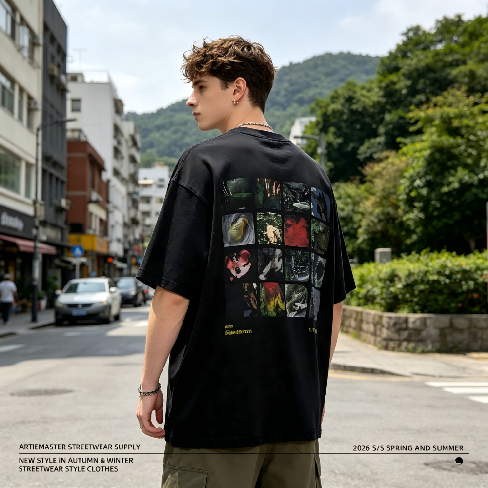 GorgeousBen Men’s Nature Collage Print T-Shirt 250g Cotton Washed Oversized Drop Shoulder Tee Streetwear S-XXL