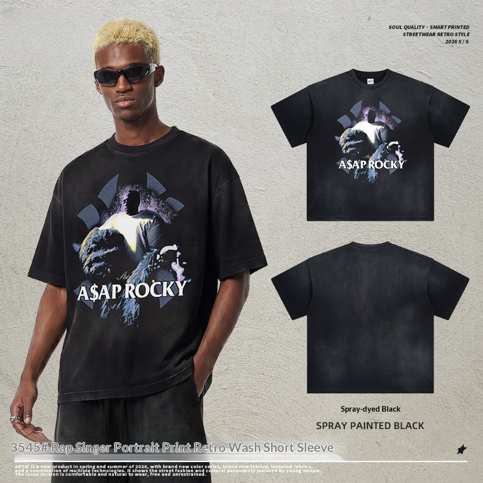 GorgeousBen Men’s Hip-Hop Portrait Print T-Shirt 250g Cotton Washed Oversized Drop Shoulder Tee Streetwear S-XXL