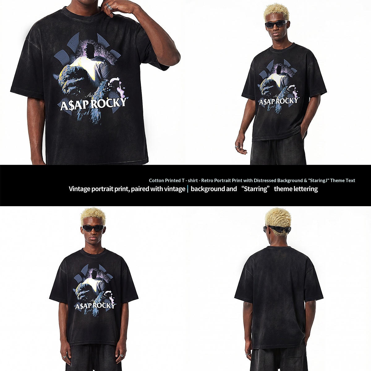 GorgeousBen Men’s Hip-Hop Portrait Print T-Shirt 250g Cotton Washed Oversized Drop Shoulder Tee Streetwear S-XXL