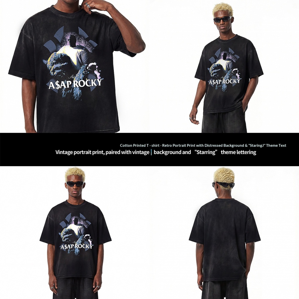 GorgeousBen Men’s Hip-Hop Portrait Print T-Shirt 250g Cotton Washed Oversized Drop Shoulder Tee Streetwear S-XXL
