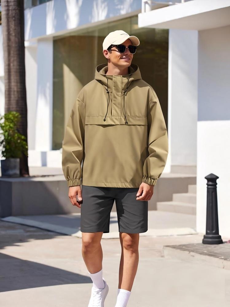 GorgeousBen Men's Loose Hooded Anorak Jacket, Casual Half-Zip Windbreaker for Spring Autumn