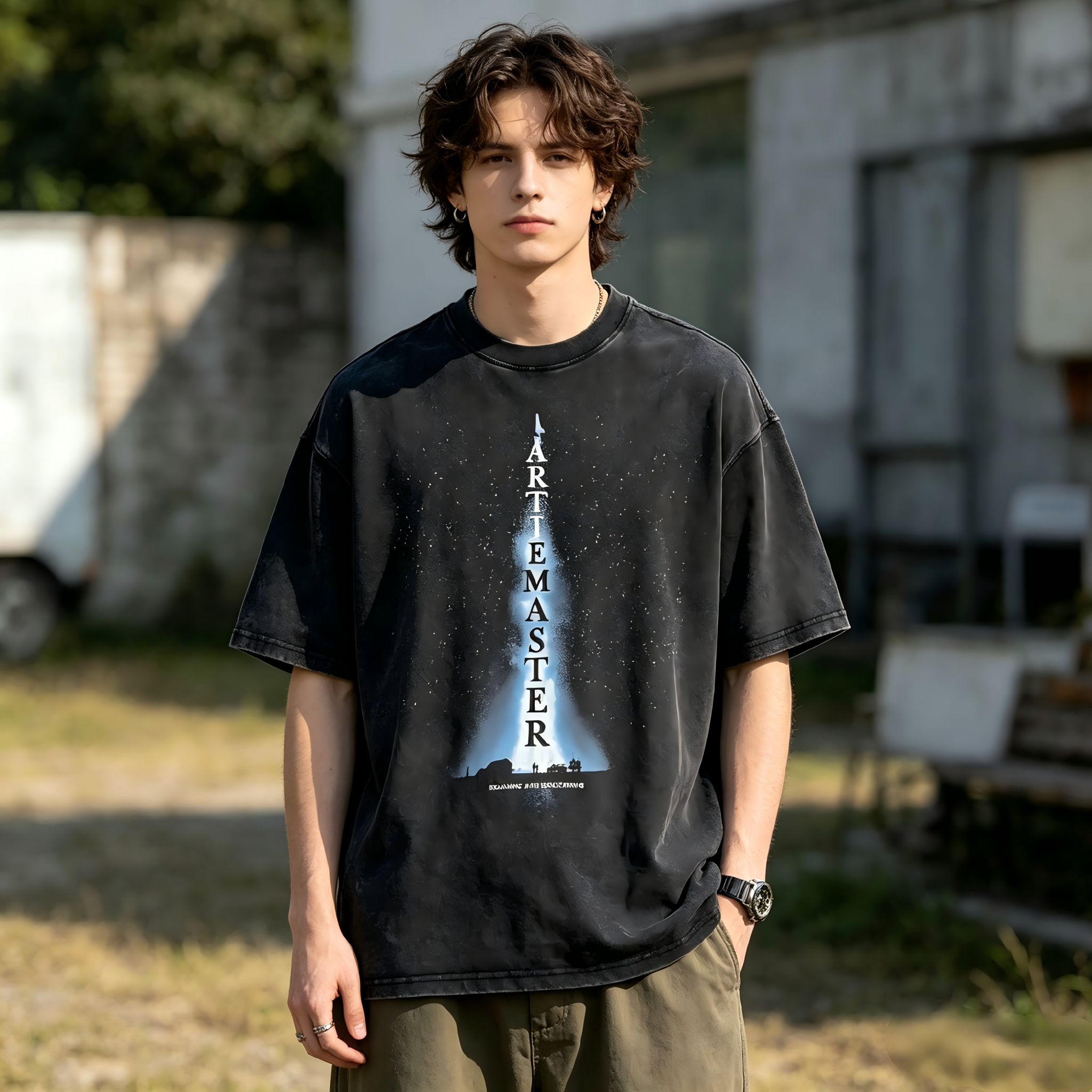 GorgeousBen Men’s Retro Starry Print T-Shirt 250g Cotton Washed Oversized Drop Shoulder Tee Streetwear S-XXL