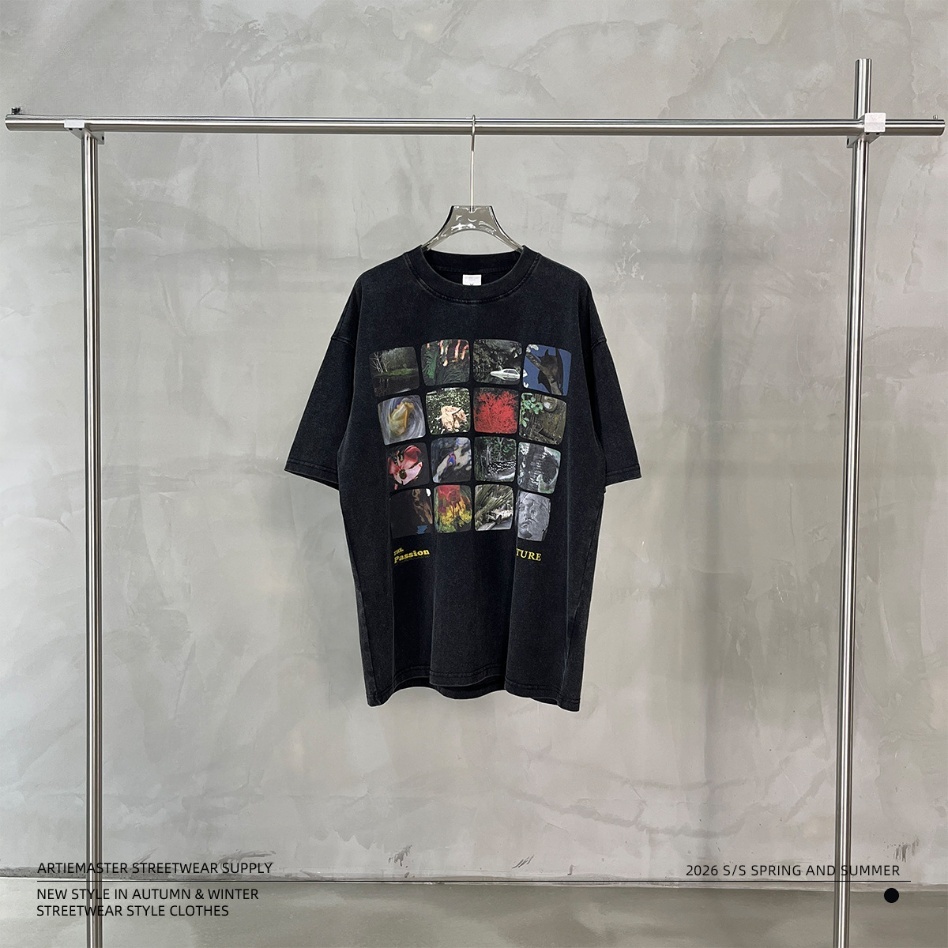 GorgeousBen Men’s Nature Collage Print T-Shirt 250g Cotton Washed Oversized Drop Shoulder Tee Streetwear S-XXL