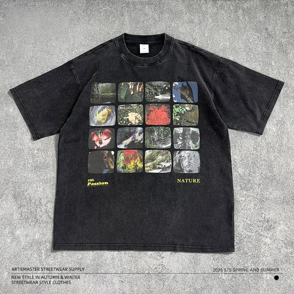 GorgeousBen Men’s Nature Collage Print T-Shirt 250g Cotton Washed Oversized Drop Shoulder Tee Streetwear S-XXL