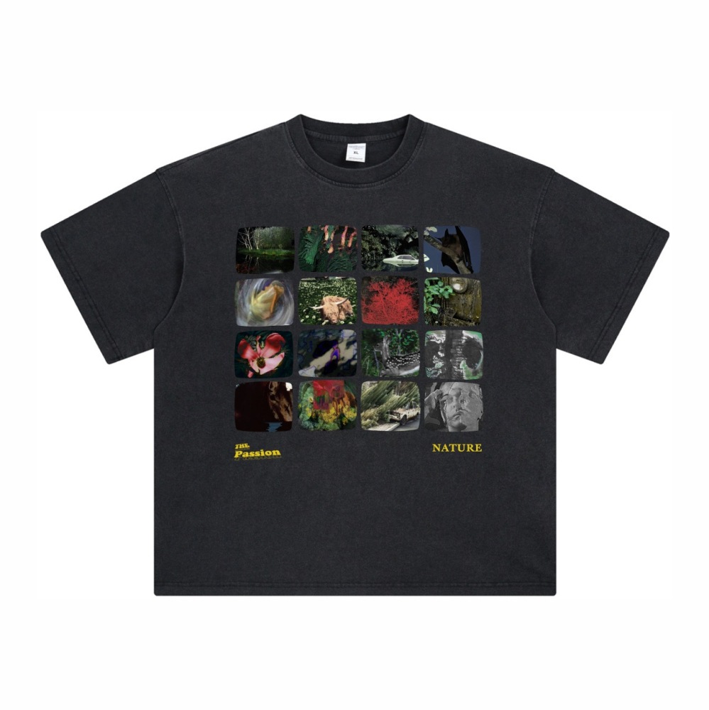 GorgeousBen Men’s Nature Collage Print T-Shirt 250g Cotton Washed Oversized Drop Shoulder Tee Streetwear S-XXL