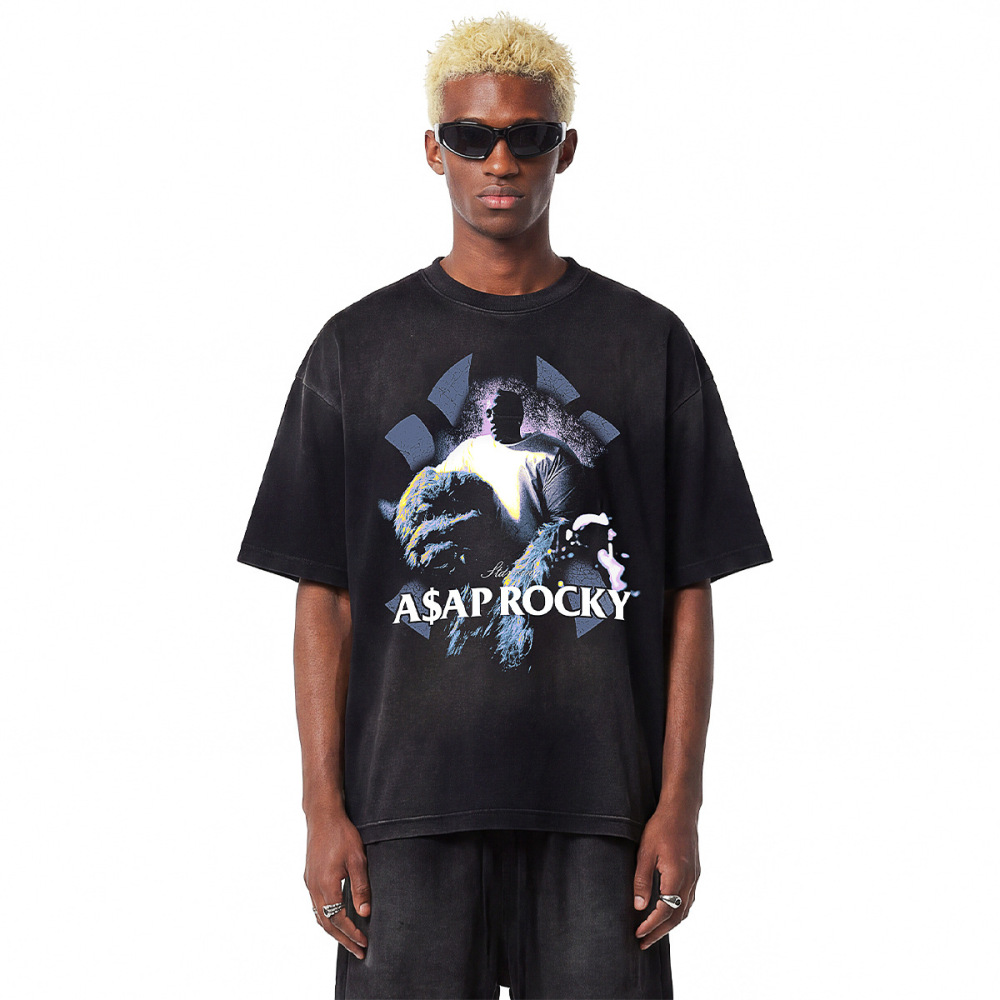 GorgeousBen Men’s Hip-Hop Portrait Print T-Shirt 250g Cotton Washed Oversized Drop Shoulder Tee Streetwear S-XXL