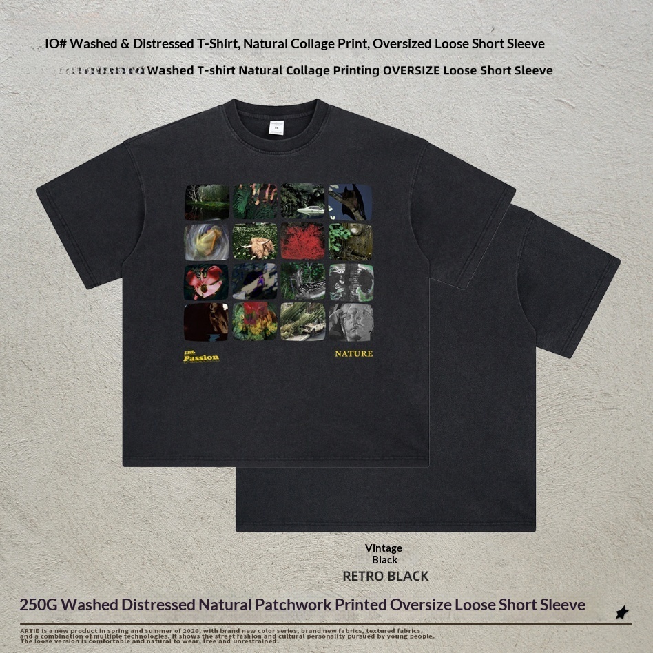 GorgeousBen Men’s Nature Collage Print T-Shirt 250g Cotton Washed Oversized Drop Shoulder Tee Streetwear S-XXL