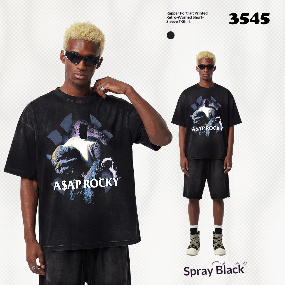 GorgeousBen Men’s Hip-Hop Portrait Print T-Shirt 250g Cotton Washed Oversized Drop Shoulder Tee Streetwear S-XXL