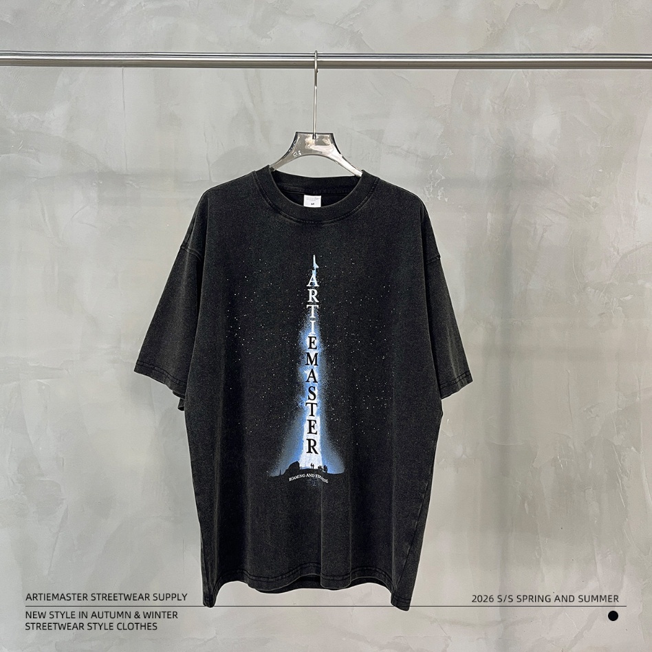 GorgeousBen Men’s Retro Starry Print T-Shirt 250g Cotton Washed Oversized Drop Shoulder Tee Streetwear S-XXL