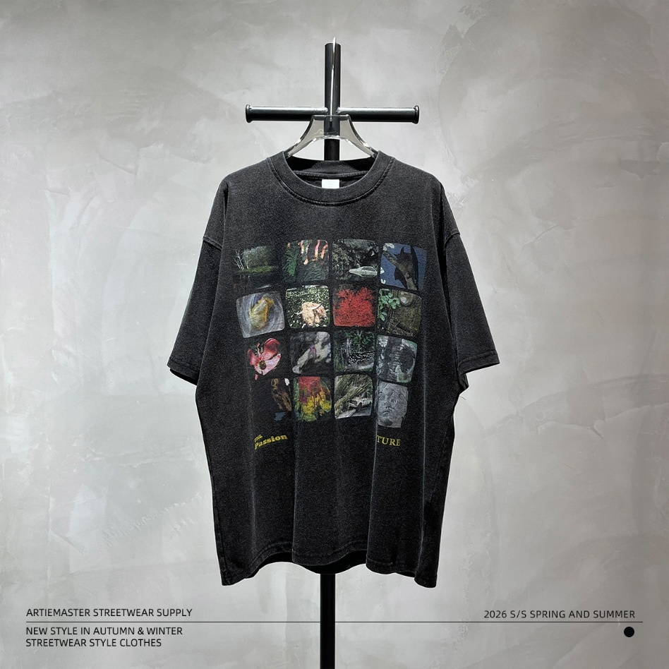 GorgeousBen Men’s Nature Collage Print T-Shirt 250g Cotton Washed Oversized Drop Shoulder Tee Streetwear S-XXL