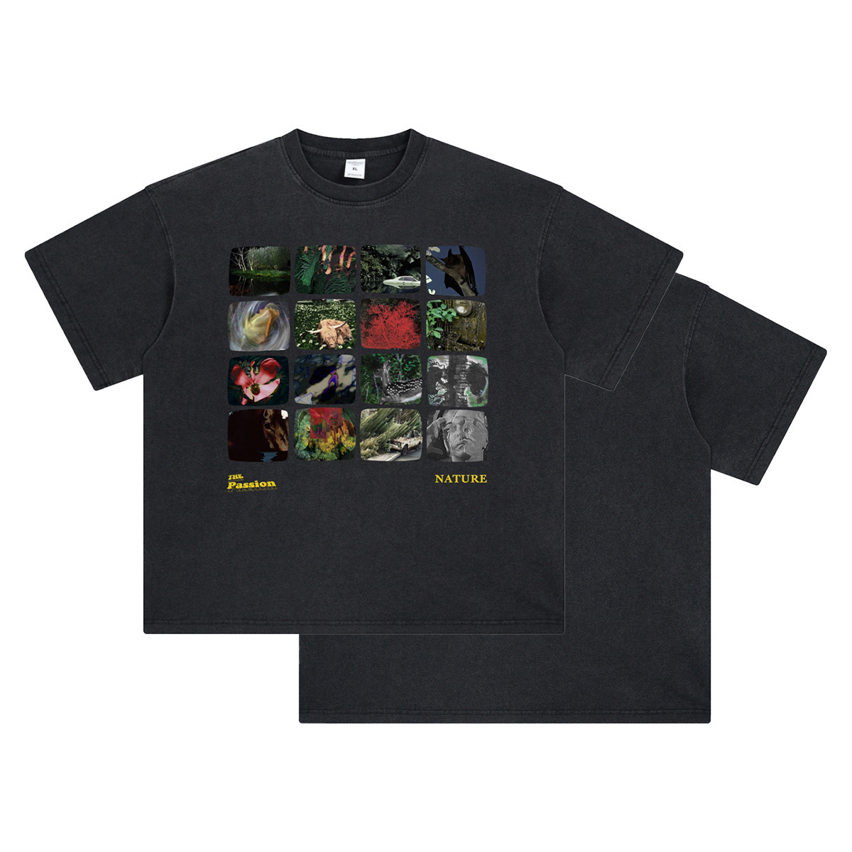 GorgeousBen Men’s Nature Collage Print T-Shirt 250g Cotton Washed Oversized Drop Shoulder Tee Streetwear S-XXL