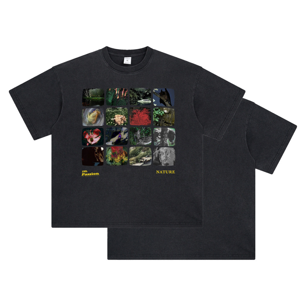 GorgeousBen Men’s Nature Collage Print T-Shirt 250g Cotton Washed Oversized Drop Shoulder Tee Streetwear S-XXL