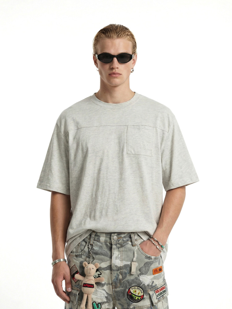 GorgeousBen Men's Bamboo Cotton Pocket Embroidered T-Shirt Loose Streetwear Tee for Spring Summer, M/L/XL