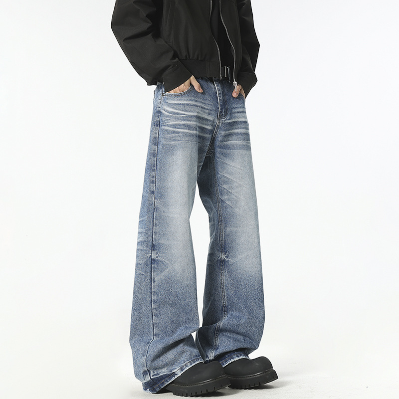 GorgeousBen Men's High Street Wide Leg Jeans, Retro Straight Fit, Light Wash Denim Pants for Spring Autumn, S-XXL