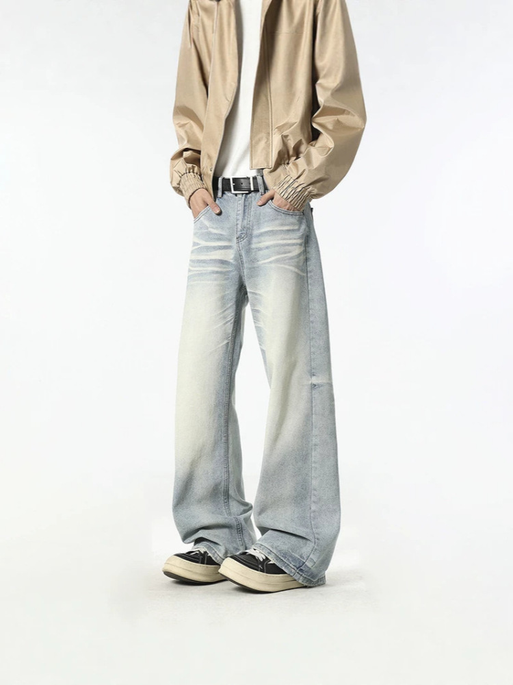 GorgeousBen Men's High Street Wide Leg Jeans, Retro Straight Fit, Light Wash Denim Pants for Spring Autumn, S-XXL