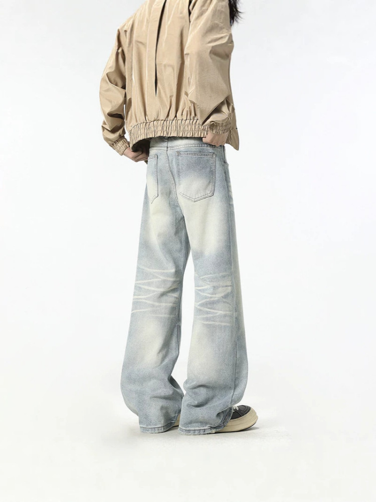 GorgeousBen Men's High Street Wide Leg Jeans, Retro Straight Fit, Light Wash Denim Pants for Spring Autumn, S-XXL