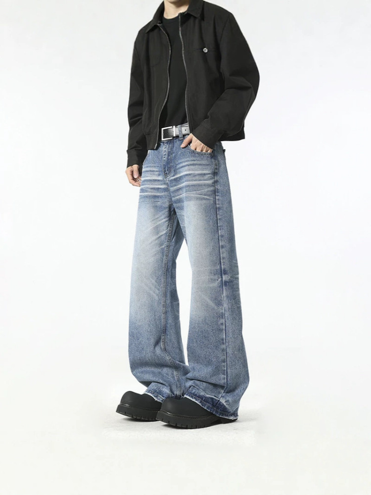 GorgeousBen Men's High Street Wide Leg Jeans, Retro Straight Fit, Light Wash Denim Pants for Spring Autumn, S-XXL