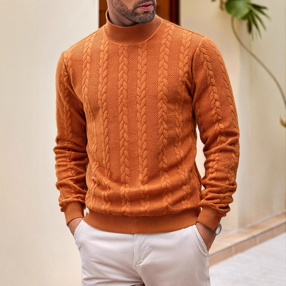 Cross-Border European Size Autumn and Winter Knit Sweater, Everyday Solid Color Young Men's Fashion Jacquard High-Neck Warm Sweater for Men