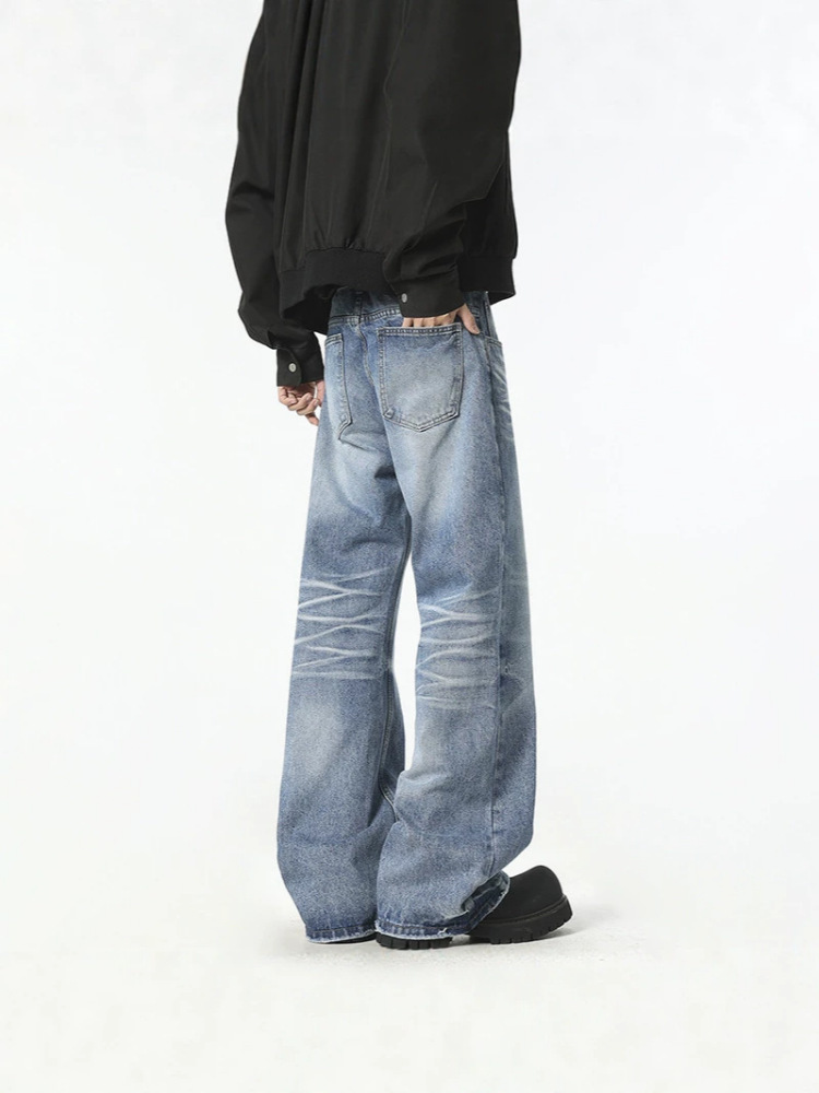 GorgeousBen Men's High Street Wide Leg Jeans, Retro Straight Fit, Light Wash Denim Pants for Spring Autumn, S-XXL