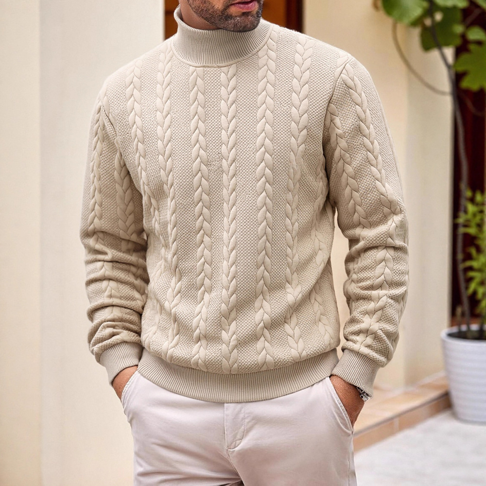 Cross-Border European Size Autumn and Winter Knit Sweater, Everyday Solid Color Young Men's Fashion Jacquard High-Neck Warm Sweater for Men