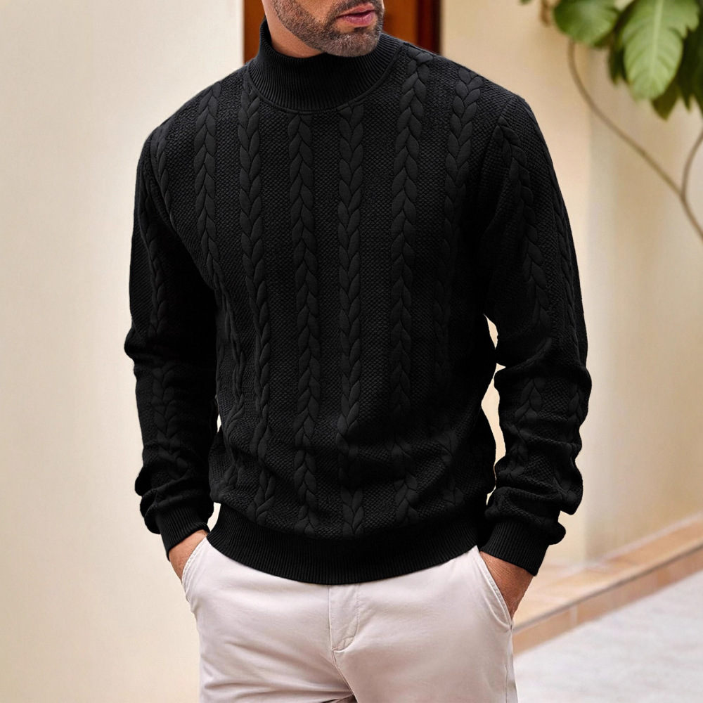Cross-Border European Size Autumn and Winter Knit Sweater, Everyday Solid Color Young Men's Fashion Jacquard High-Neck Warm Sweater for Men