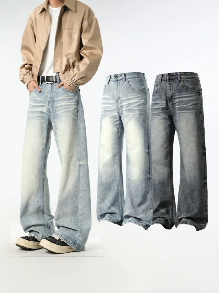 GorgeousBen Men's High Street Wide Leg Jeans, Retro Straight Fit, Light Wash Denim Pants for Spring Autumn, S-XXL