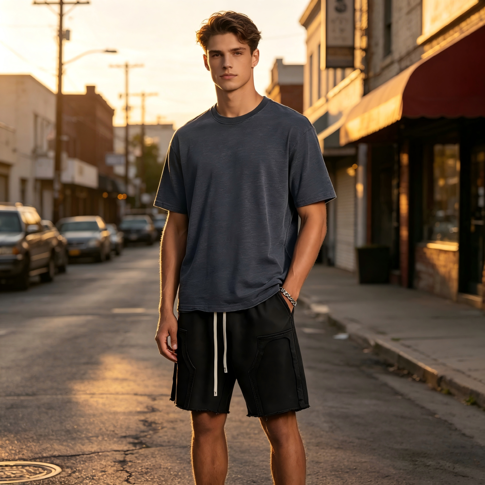 GorgeousBen Men's 380G Heavyweight Cotton Shorts, Vintage Wax Wash, Loose Streetwear, Summer Casual, S-XXL