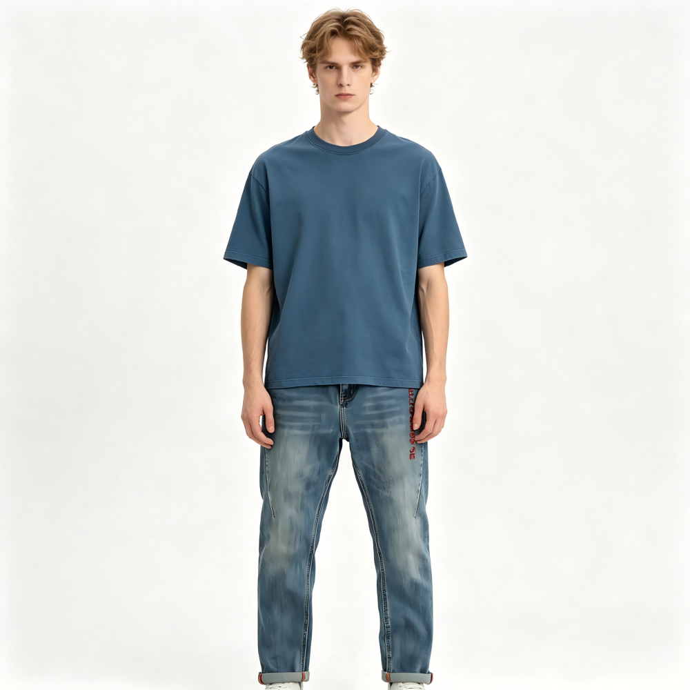 GorgeousBen Men's Vintage Washed Tapered Jeans, Casual Streetwear Cotton Denim Pants with Embroidery, Sizes 28-38