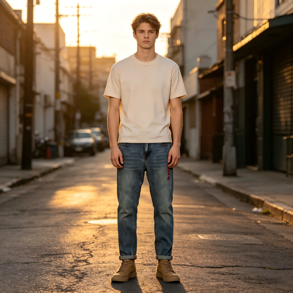 GorgeousBen Men's Vintage Washed Tapered Jeans, Casual Streetwear Cotton Denim Pants with Embroidery, Sizes 28-38