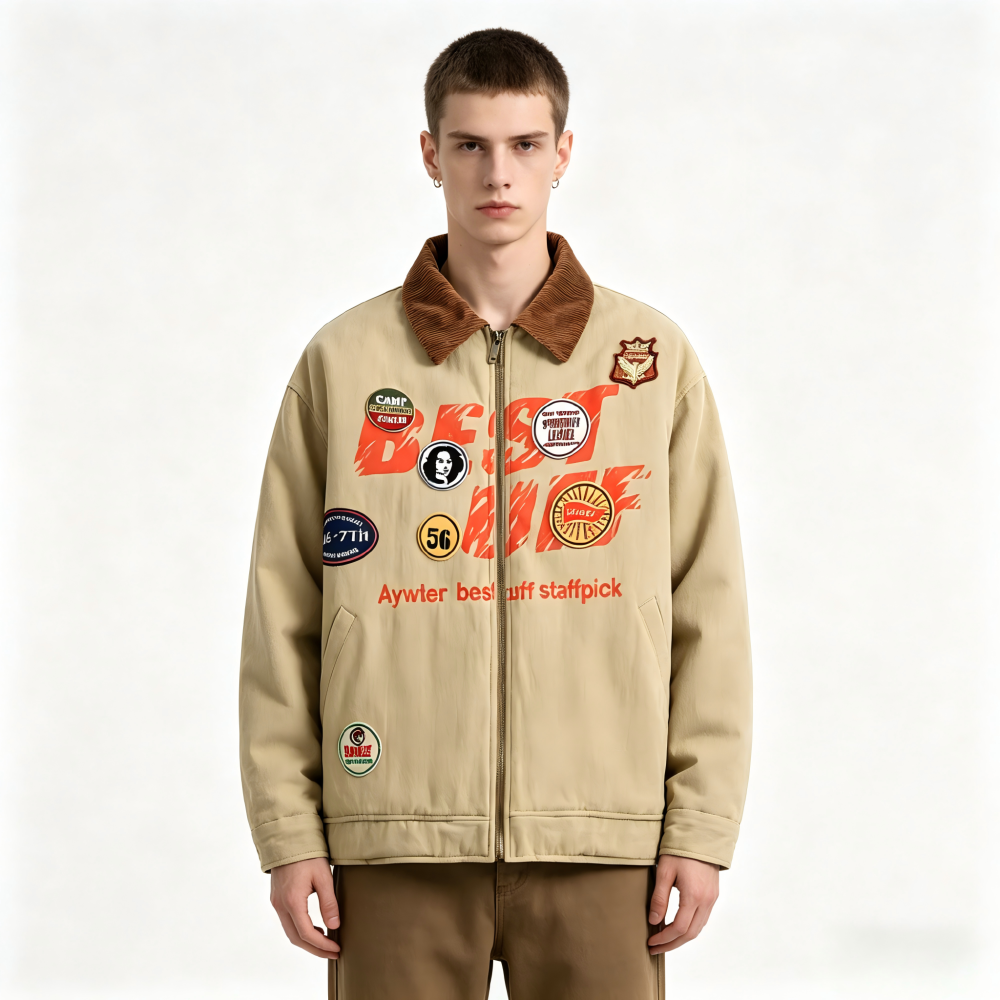 GrogeousBen  Unisex Winter new small design sense of corduroy splicing lapel cotton coat retro paste label workwear cotton jacket