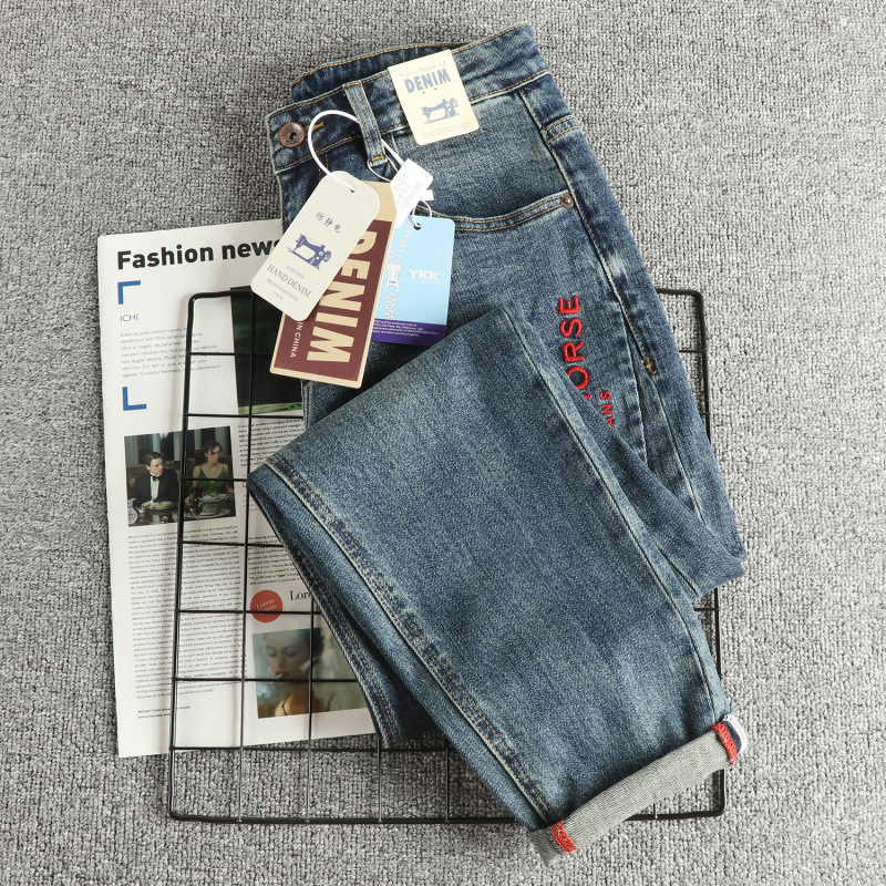 GorgeousBen Men's Vintage Washed Tapered Jeans, Casual Streetwear Cotton Denim Pants with Embroidery, Sizes 28-38