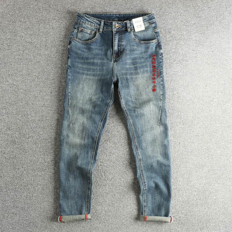 GorgeousBen Men's Vintage Washed Tapered Jeans, Casual Streetwear Cotton Denim Pants with Embroidery, Sizes 28-38
