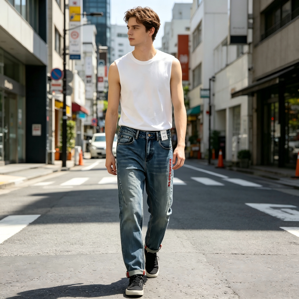 GorgeousBen Men's Vintage Washed Tapered Jeans, Casual Streetwear Cotton Denim Pants with Embroidery, Sizes 28-38