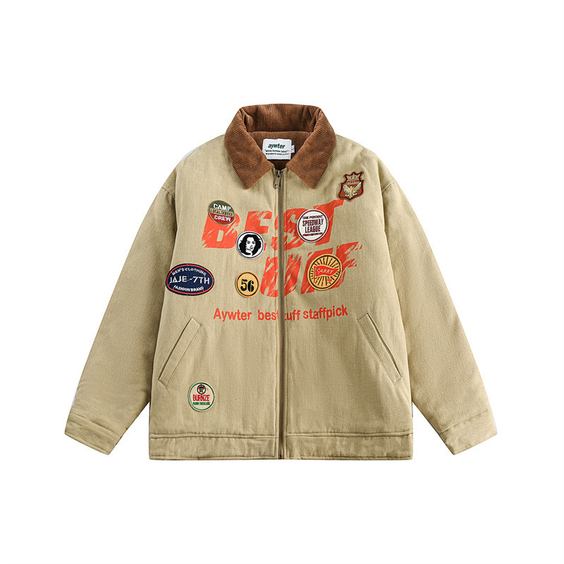GrogeousBen  Unisex Winter new small design sense of corduroy splicing lapel cotton coat retro paste label workwear cotton jacket