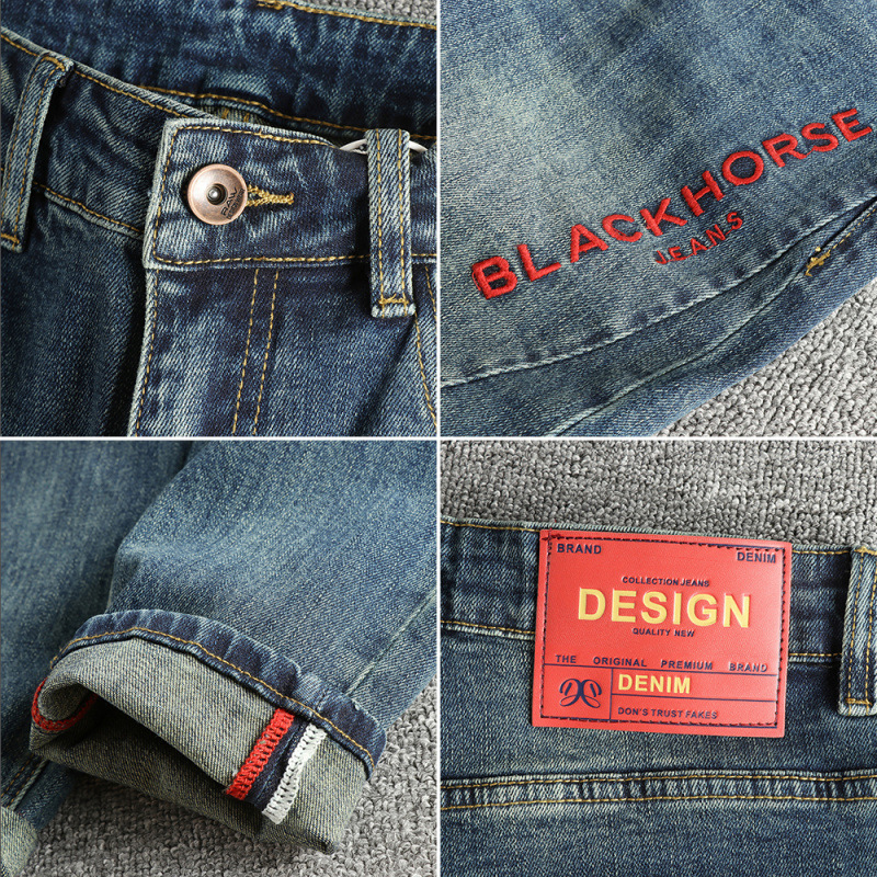 GorgeousBen Men's Vintage Washed Tapered Jeans, Casual Streetwear Cotton Denim Pants with Embroidery, Sizes 28-38
