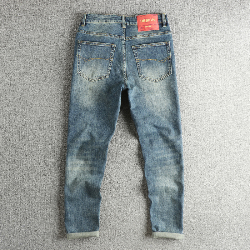 GorgeousBen Men's Vintage Washed Tapered Jeans, Casual Streetwear Cotton Denim Pants with Embroidery, Sizes 28-38