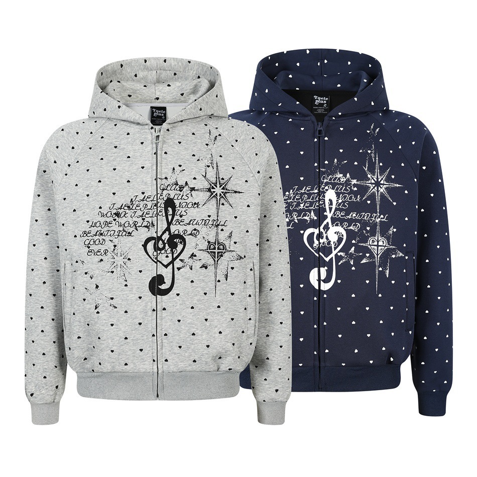 GorgeousBen Men's College Style Heart Polka Dot Print Hoodie Loose Zip-up Cardigan Spring Autumn Casual Versatile Navy/Grey Multi-color Available