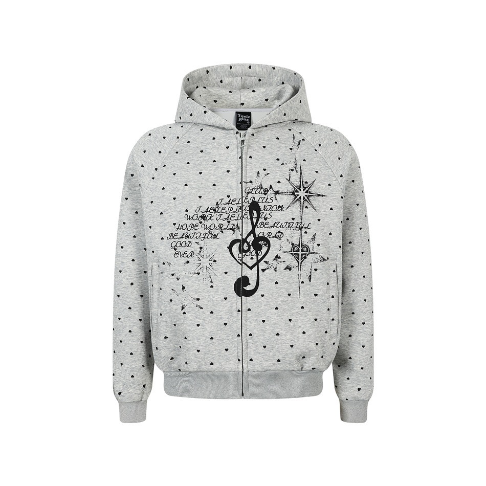 GorgeousBen Men's College Style Heart Polka Dot Print Hoodie Loose Zip-up Cardigan Spring Autumn Casual Versatile Navy/Grey Multi-color Available