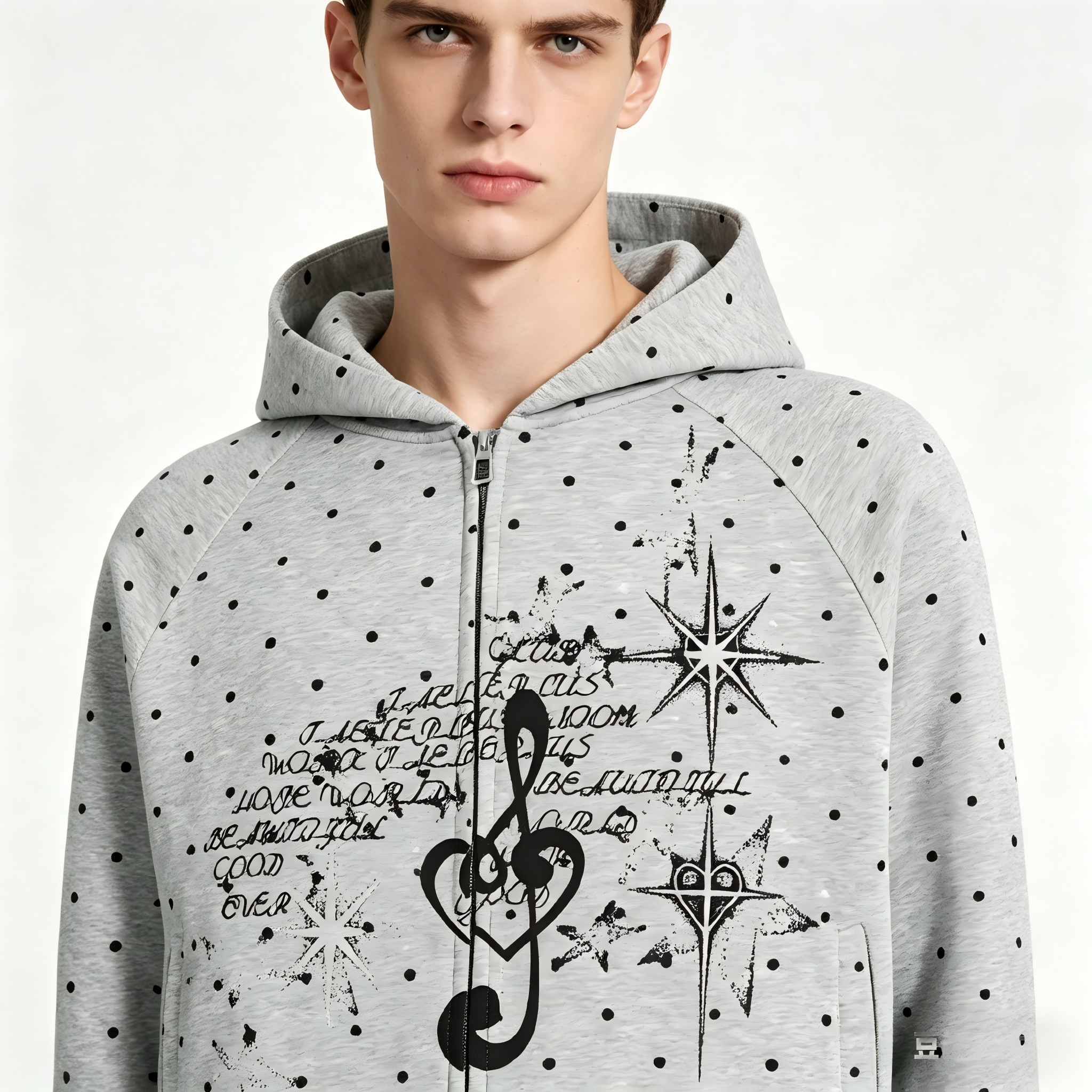 GorgeousBen Men's College Style Heart Polka Dot Print Hoodie Loose Zip-up Cardigan Spring Autumn Casual Versatile Navy/Grey Multi-color Available