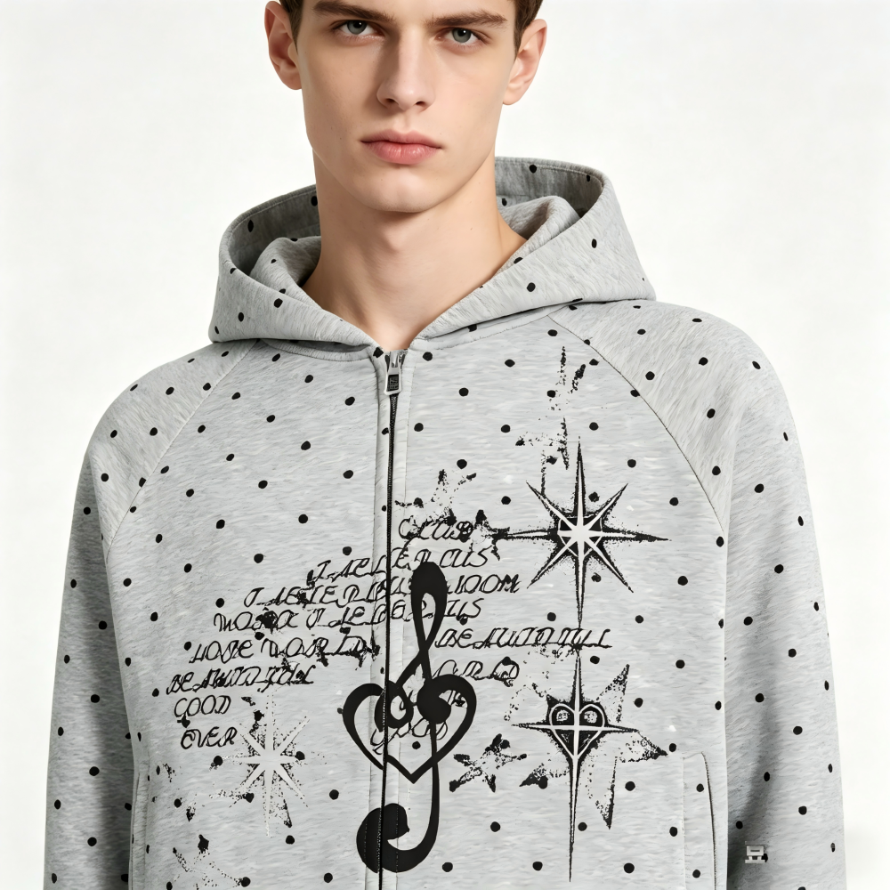 GorgeousBen Men's College Style Heart Polka Dot Print Hoodie Loose Zip-up Cardigan Spring Autumn Casual Versatile Navy/Grey Multi-color Available