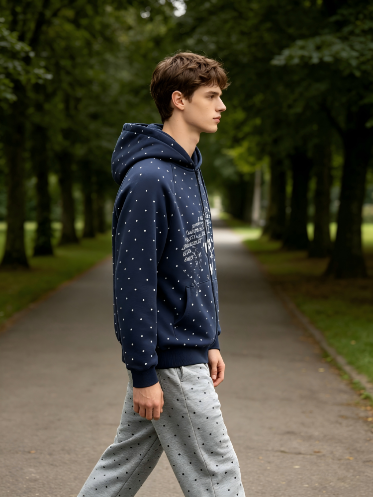 GorgeousBen Men's College Style Heart Polka Dot Print Hoodie Loose Zip-up Cardigan Spring Autumn Casual Versatile Navy/Grey Multi-color Available