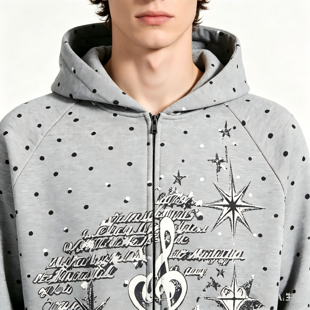 GorgeousBen Men's College Style Heart Polka Dot Print Hoodie Loose Zip-up Cardigan Spring Autumn Casual Versatile Navy/Grey Multi-color Available