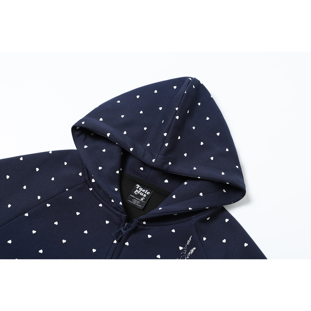 GorgeousBen Men's College Style Heart Polka Dot Print Hoodie Loose Zip-up Cardigan Spring Autumn Casual Versatile Navy/Grey Multi-color Available