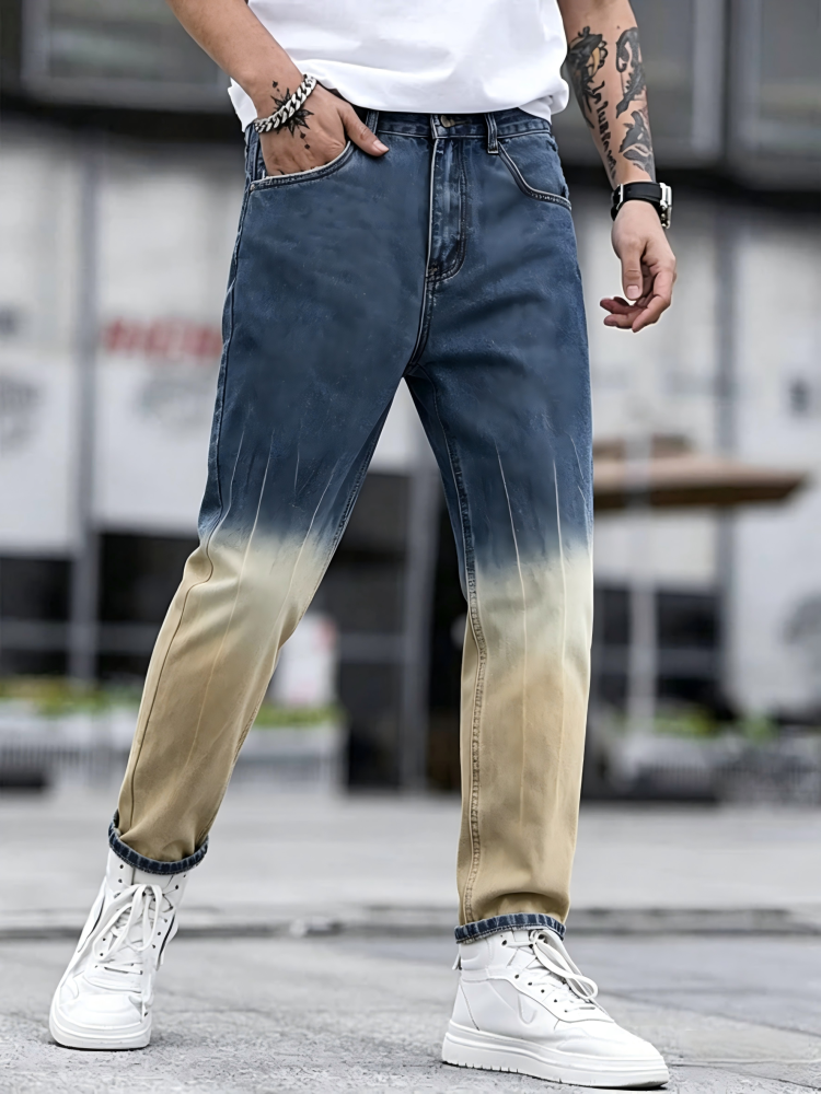 GorgeousBen Design sense splicing fashionable tie dye men's jeans loose straight tube American high street trendy youth spring and autumn pants