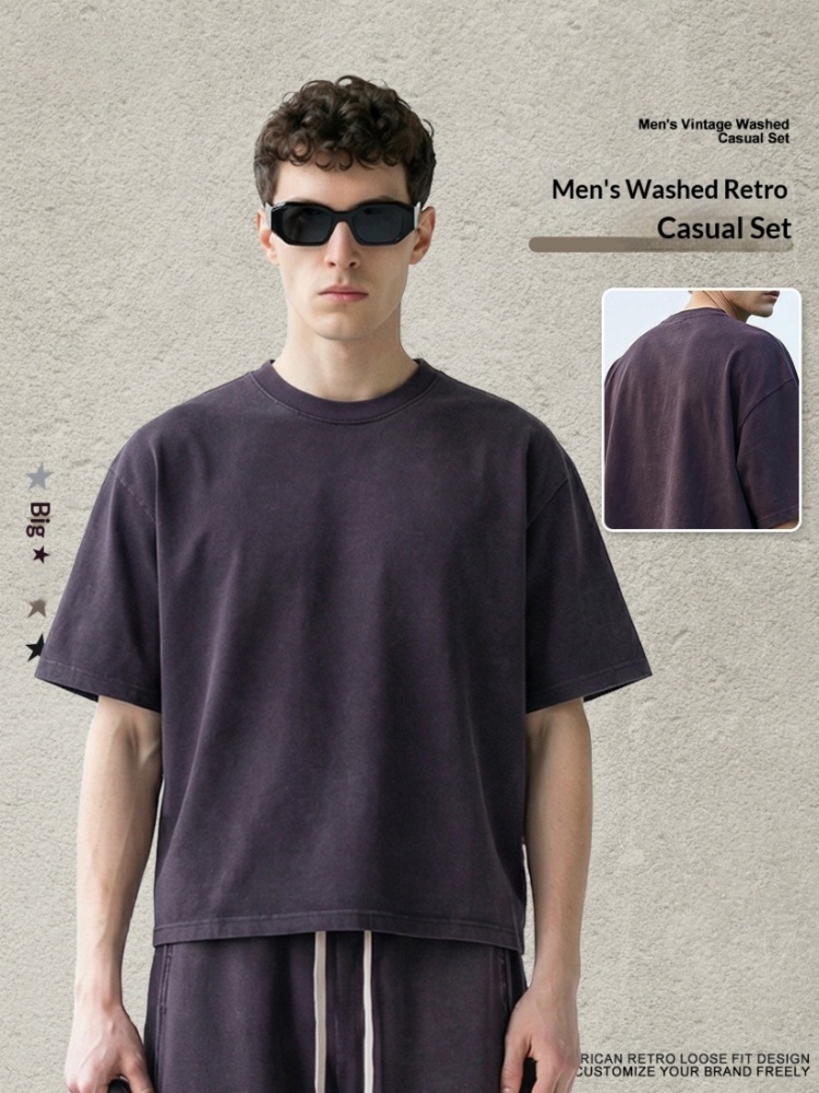 Be Men's Clothing | American Retro Washed Short-Sleeve T-Shirt and Straight-Leg Pants Boxy Two-Piece Set with a Vintage Look Casual Outfit.