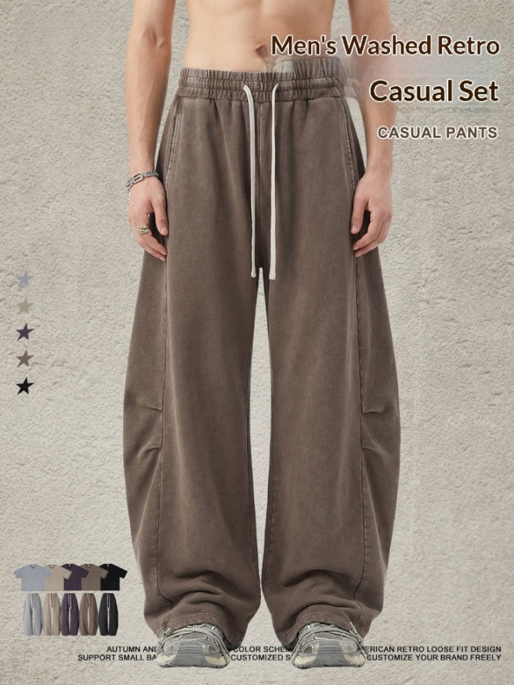 Be Men's Clothing | American Retro Washed Short-Sleeve T-Shirt and Straight-Leg Pants Boxy Two-Piece Set with a Vintage Look Casual Outfit.