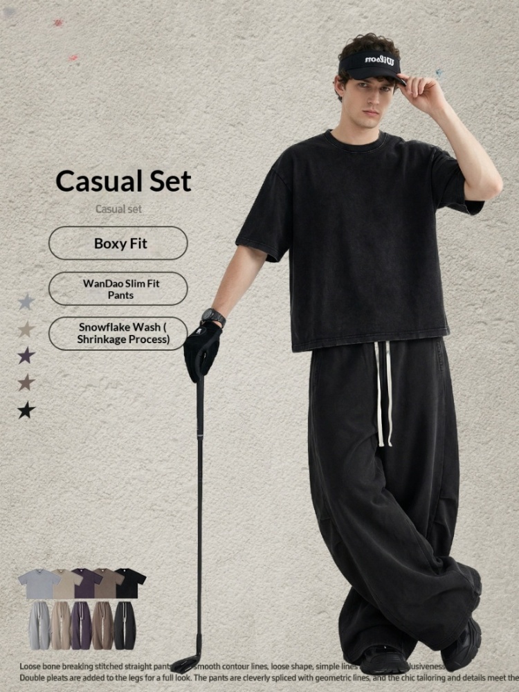 Be Men's Clothing | American Retro Washed Short-Sleeve T-Shirt and Straight-Leg Pants Boxy Two-Piece Set with a Vintage Look Casual Outfit.
