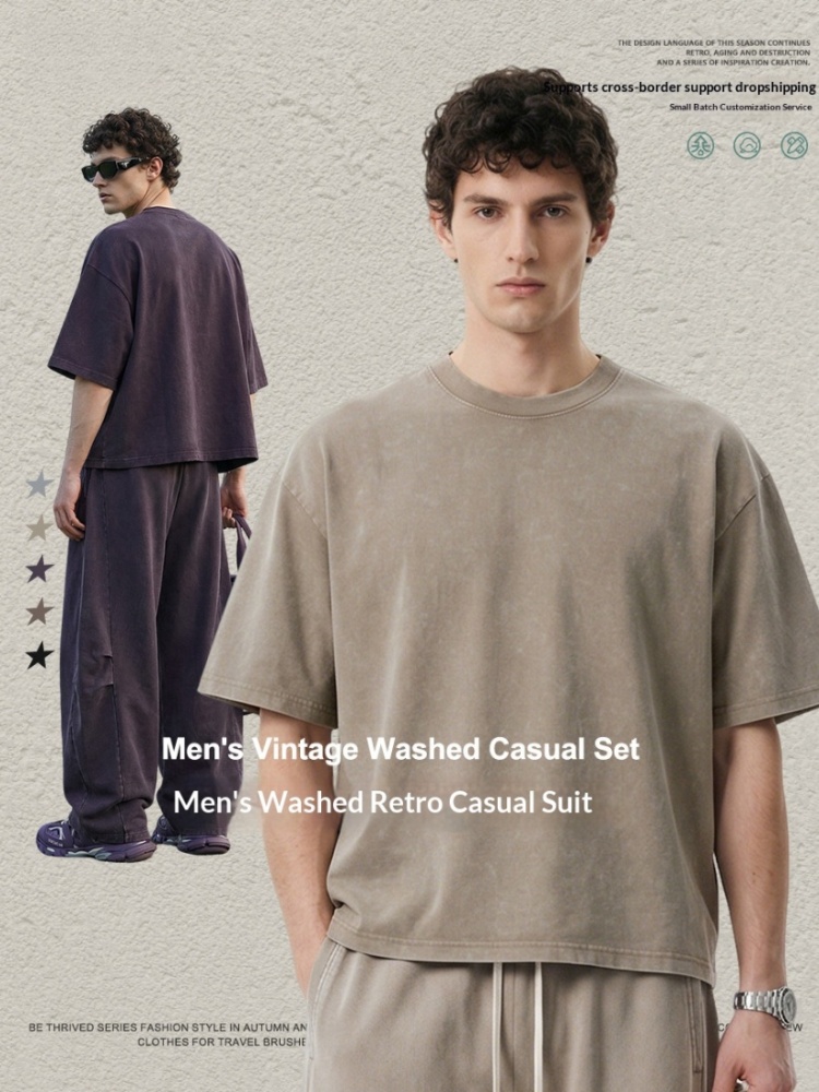 Be Men's Clothing | American Retro Washed Short-Sleeve T-Shirt and Straight-Leg Pants Boxy Two-Piece Set with a Vintage Look Casual Outfit.